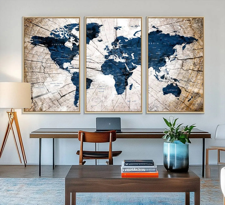 The living room exudes style with the Blue World Map Canvas Wall Art, a rustic-style triptych that's prominently displayed on the wall. This global decor piece adds an elegant touch to the space.