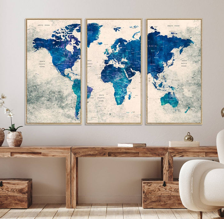 Navy Blue Push Pin World Map Canvas Print featuring a grunge-stained background, with labeled countries and oceans.