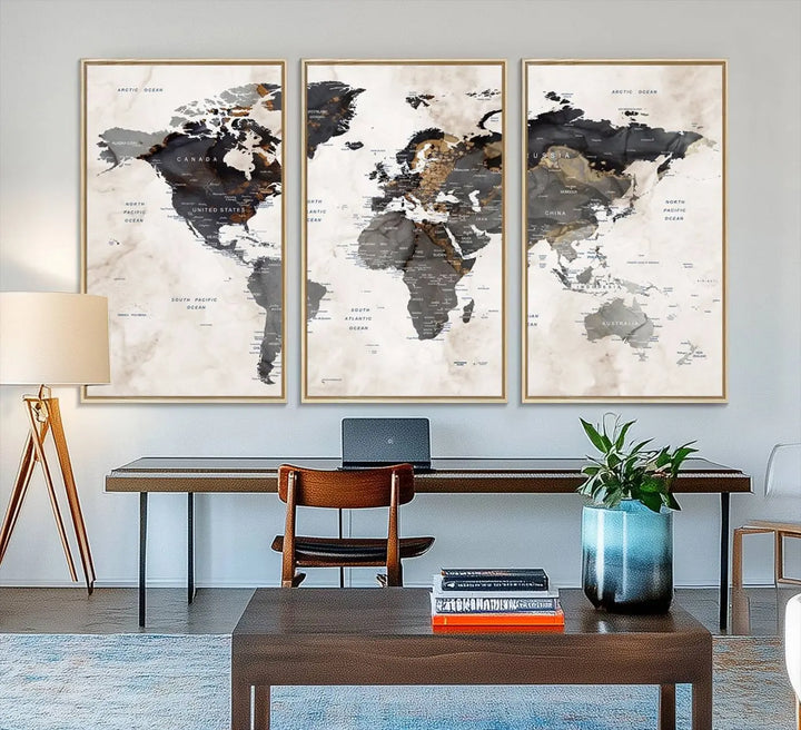 The dining room wall is adorned with the World Map Canvas Print – Earthy Triptych Wall Art, a vintage global map decor featuring dark continents.