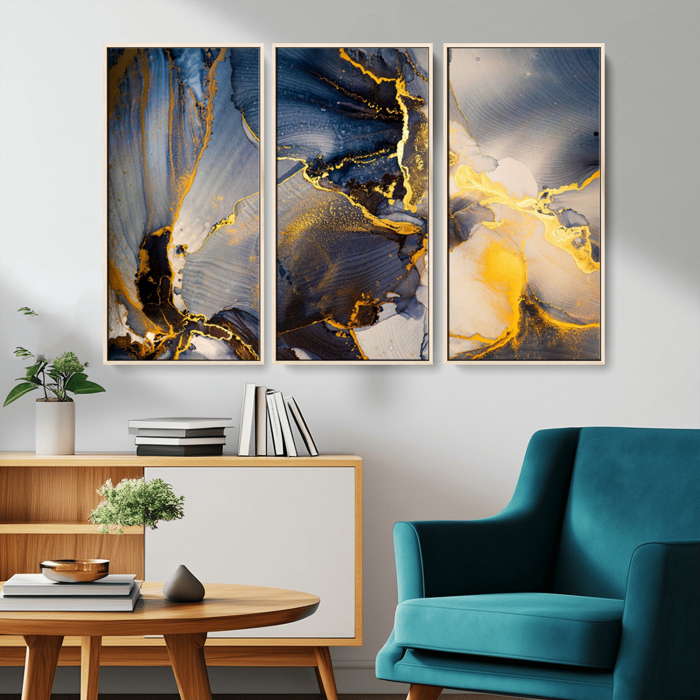 42100-MGV-CV-36X24-Large Abstract Wall Art Print - Gold and Blue Abstract Canvas Wall Art | Fluid Ink Modern Luxury Wall Decor for Living Room Decor