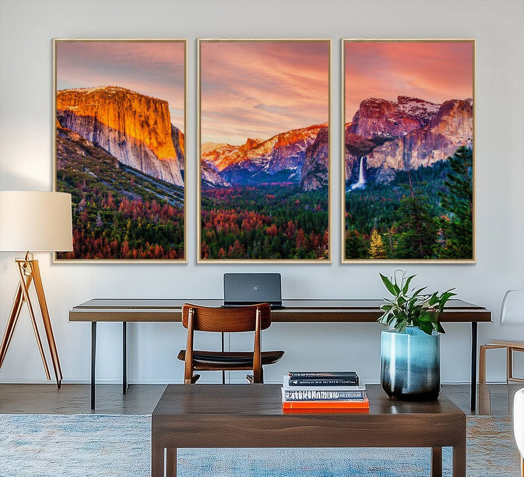 An El Capitan Yosemite Canvas showcasing a sunset over a mountain valley.