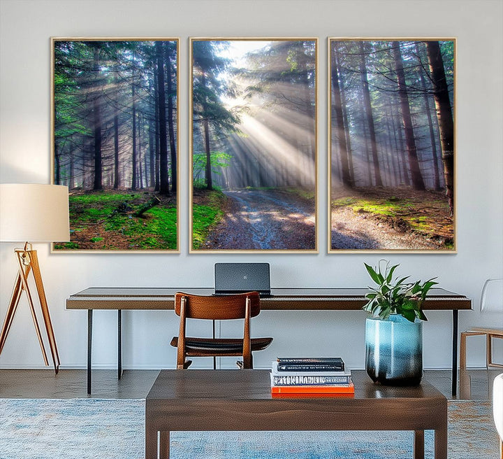 The dining area features a 3-panel Forest Path Canvas showcasing sun rays filtering through a misty forest.