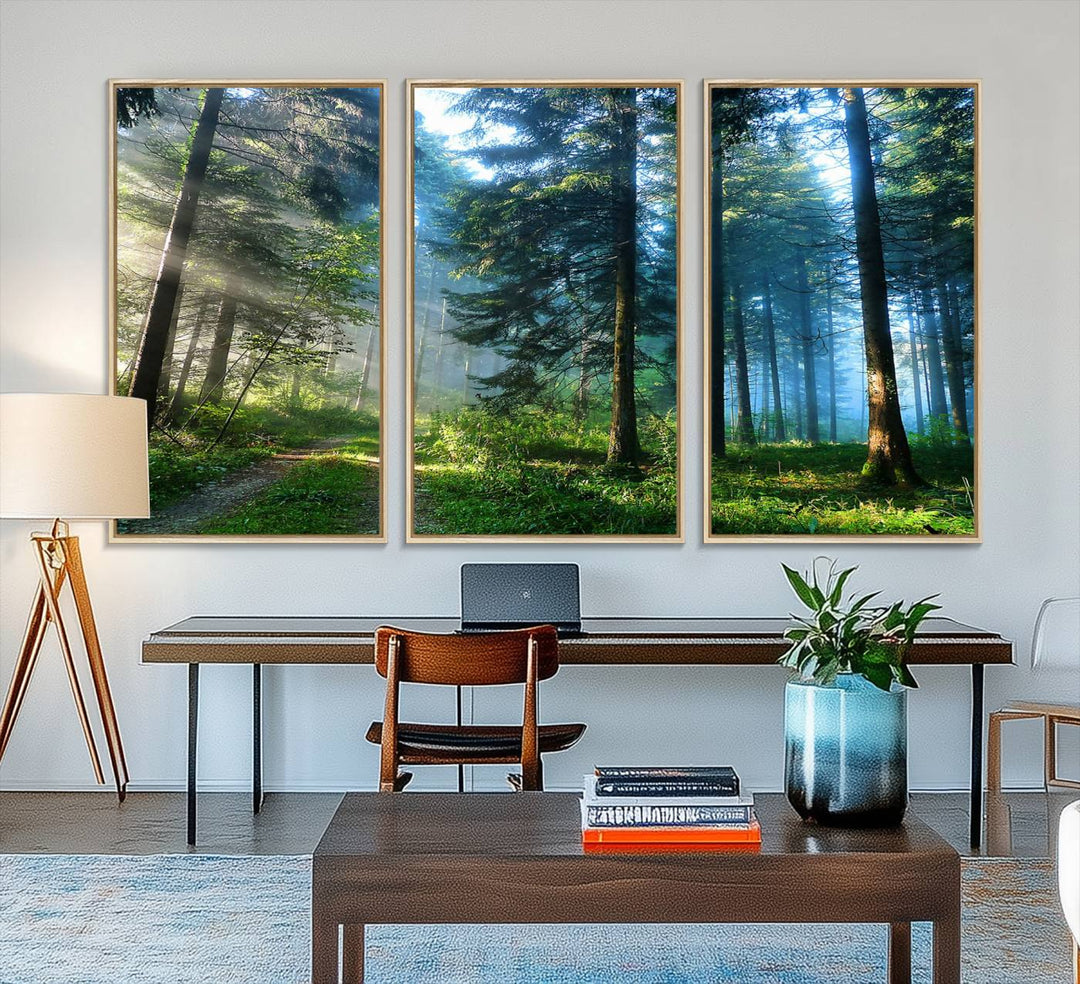 Enhancing the space is the Forest Sun Shine wall art canvas print, showcasing a serene forest scene.