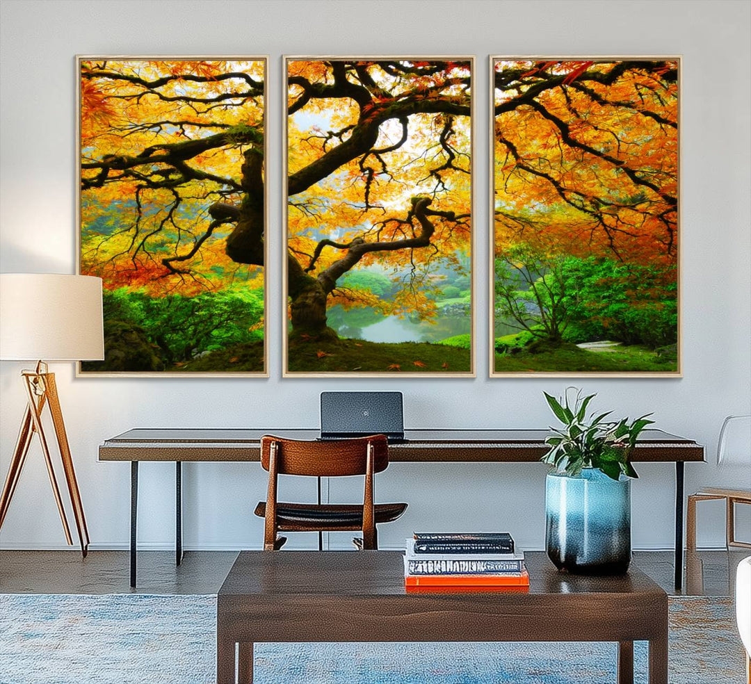 The Portland Japanese Maple Tree Canvas adds elegance to a modern living room.