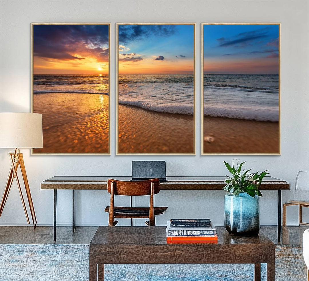 The Golden Sunset Beach Waves Triptych adds a modern coastal touch with its stunning seascape.