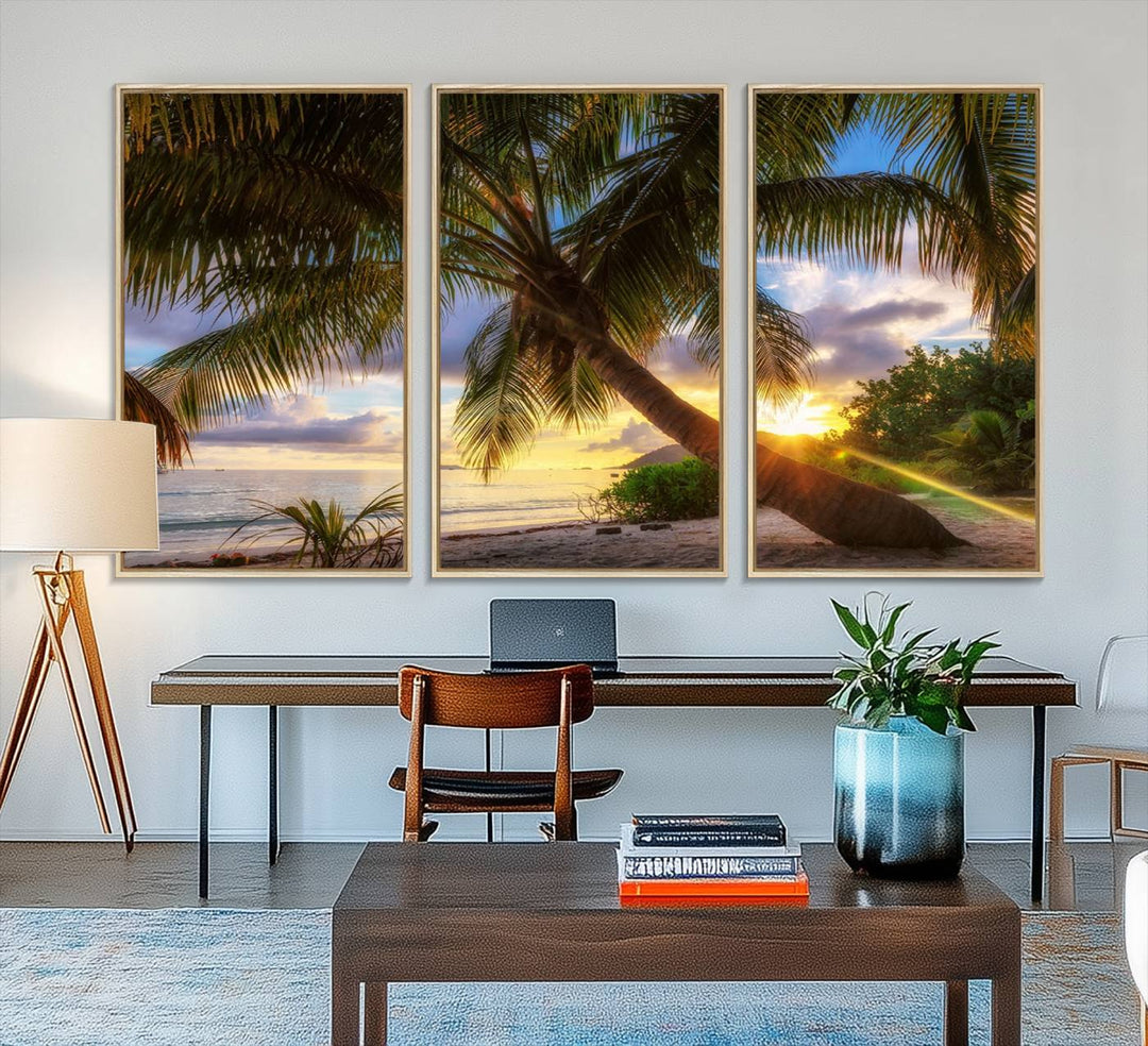 A Coastal Sunset Palm Tree canvas print hangs prominently.