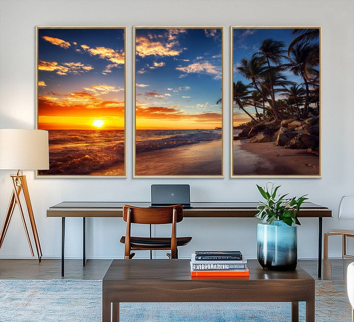 A stunning Tropical Beach Sunset Canvas Art featuring palm trees and ocean waves, created as a Giclee print.