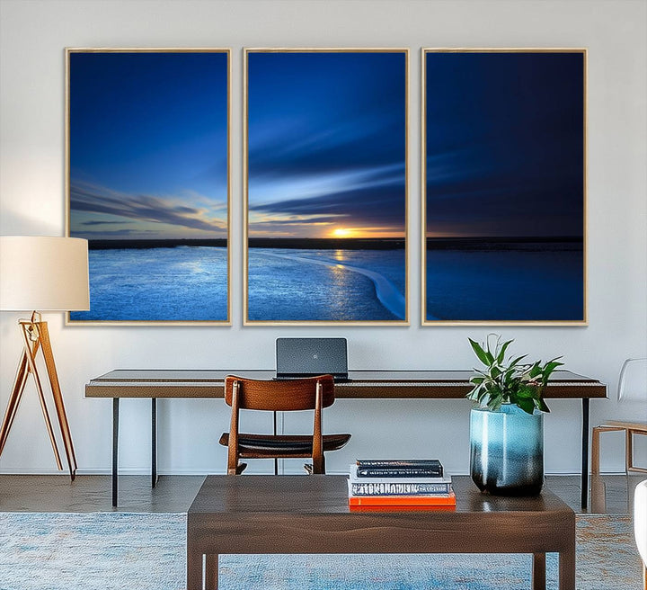 Modern decor: Deep Blue Ocean Sunset Triptych for a serene coastal vibe.