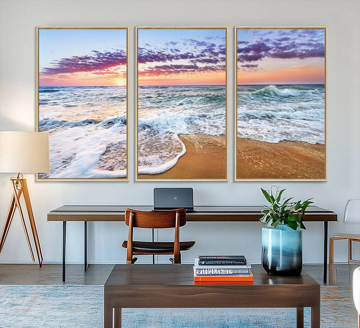 The Vivid Sunset Ocean Waves Triptych hangs on a wooden wall.