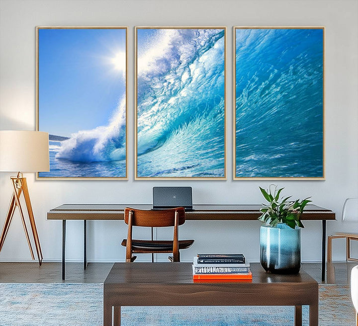 The Blue Big Wave Surfing Ocean Canvas adds a coastal vibe to a wooden wall.