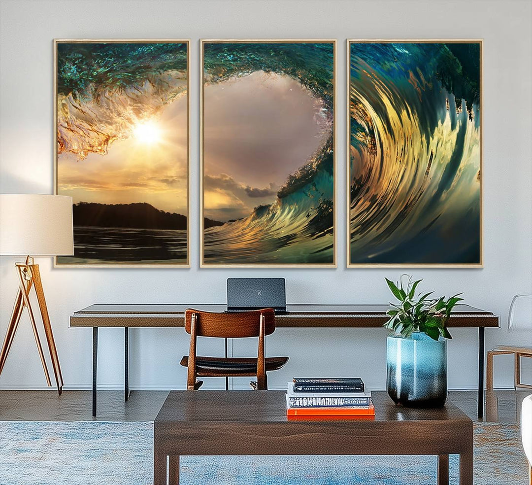 A Golden Wave Sunset Giclee hangs above, showcasing colorful ocean wave art.