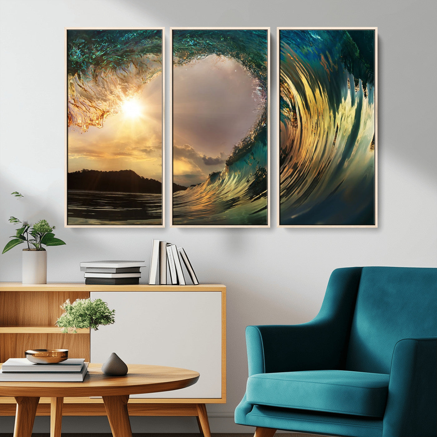 MGV-FC-48X32-3P - Golden Wave Sunset Giclee Canvas Print – Large Coastal Wall Art for Nature Lovers, Captivating Ocean Wave Decor