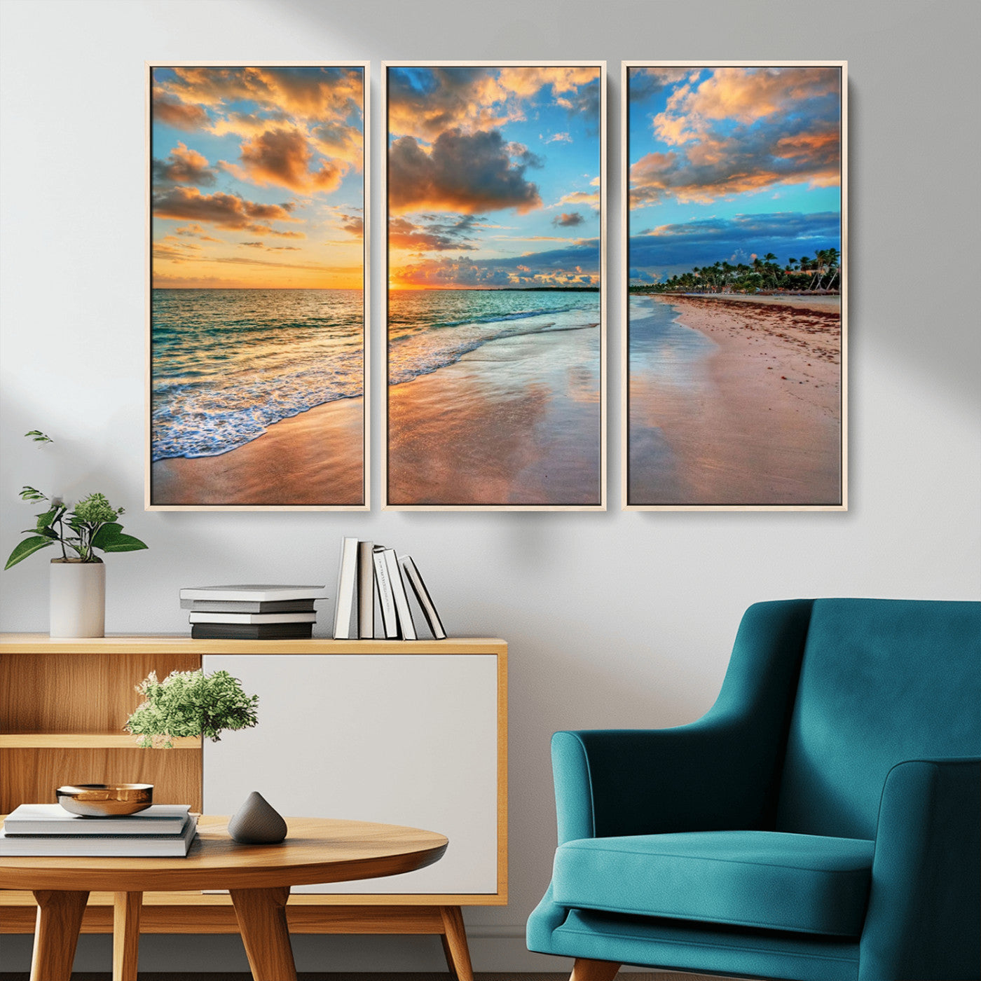 MGV-FC-48X32-3P - Sunset Ocean Waves on Tropical Beach, 3-Panel Giclee Canvas Art for Coastal Home Decor, Vibrant Palm-Lined Shore
