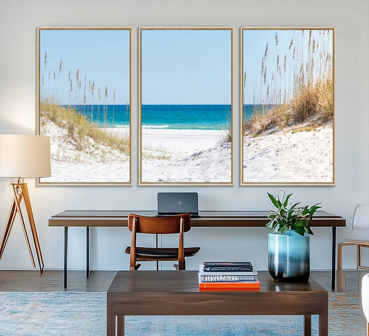 Serene Coastal Dune Path with Ocean View, 3-Panel Beach Canvas Art; tranquil seascape for coastal decor.