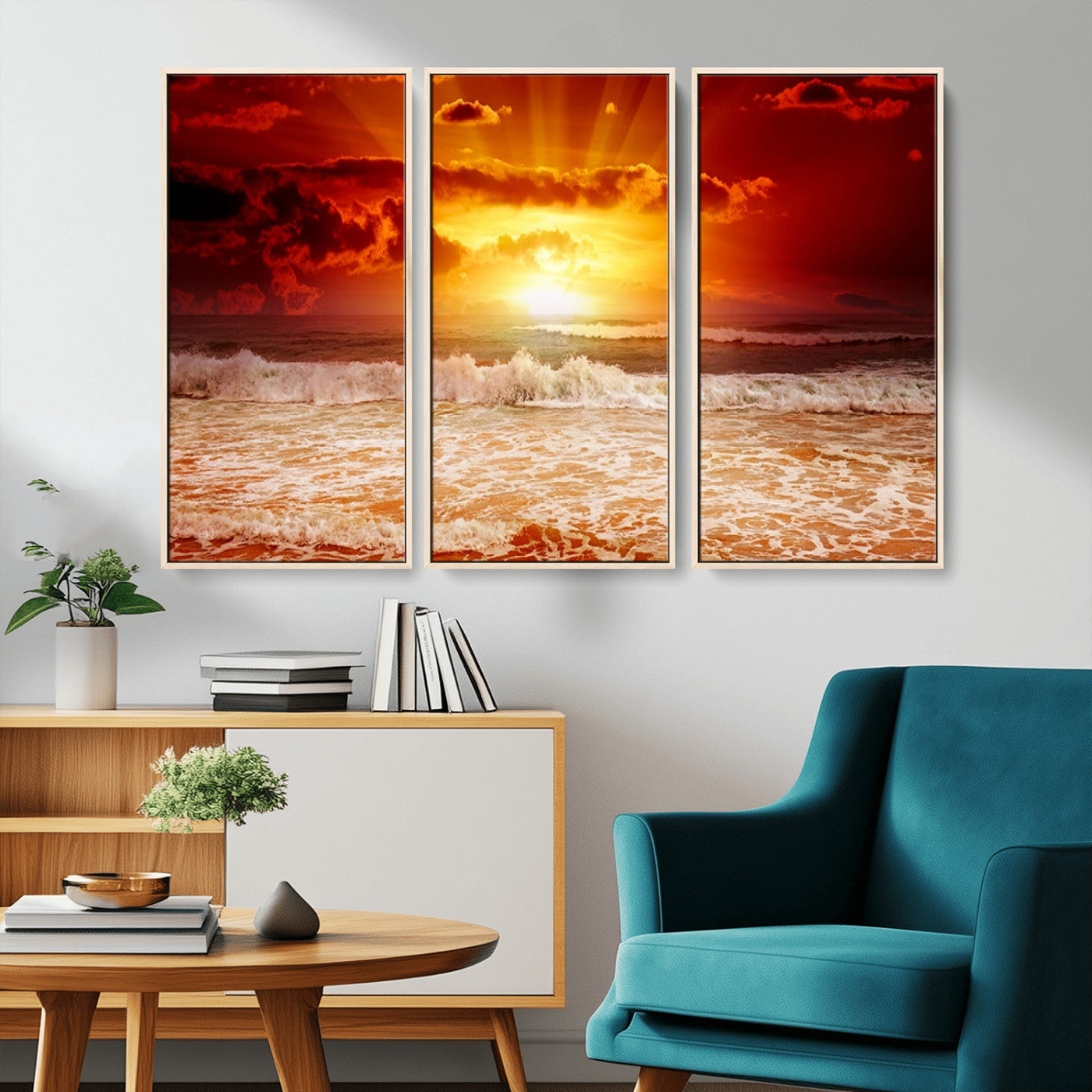 MGV-FC-48X32-3P - Red Sunset Ocean Beach Canvas Wall Art Beach Canvas, Coastal Sunset Print