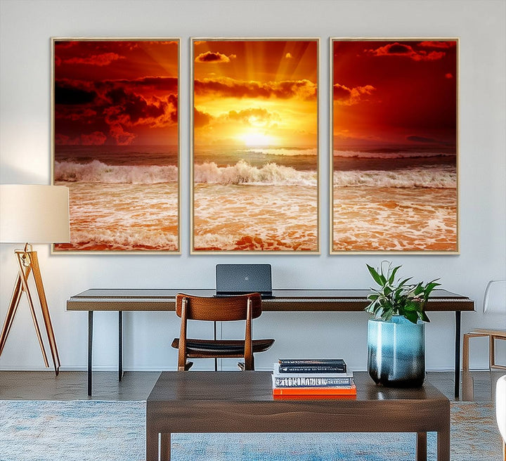 The Red Sunset Ocean Beach Canvas depicts ocean waves.