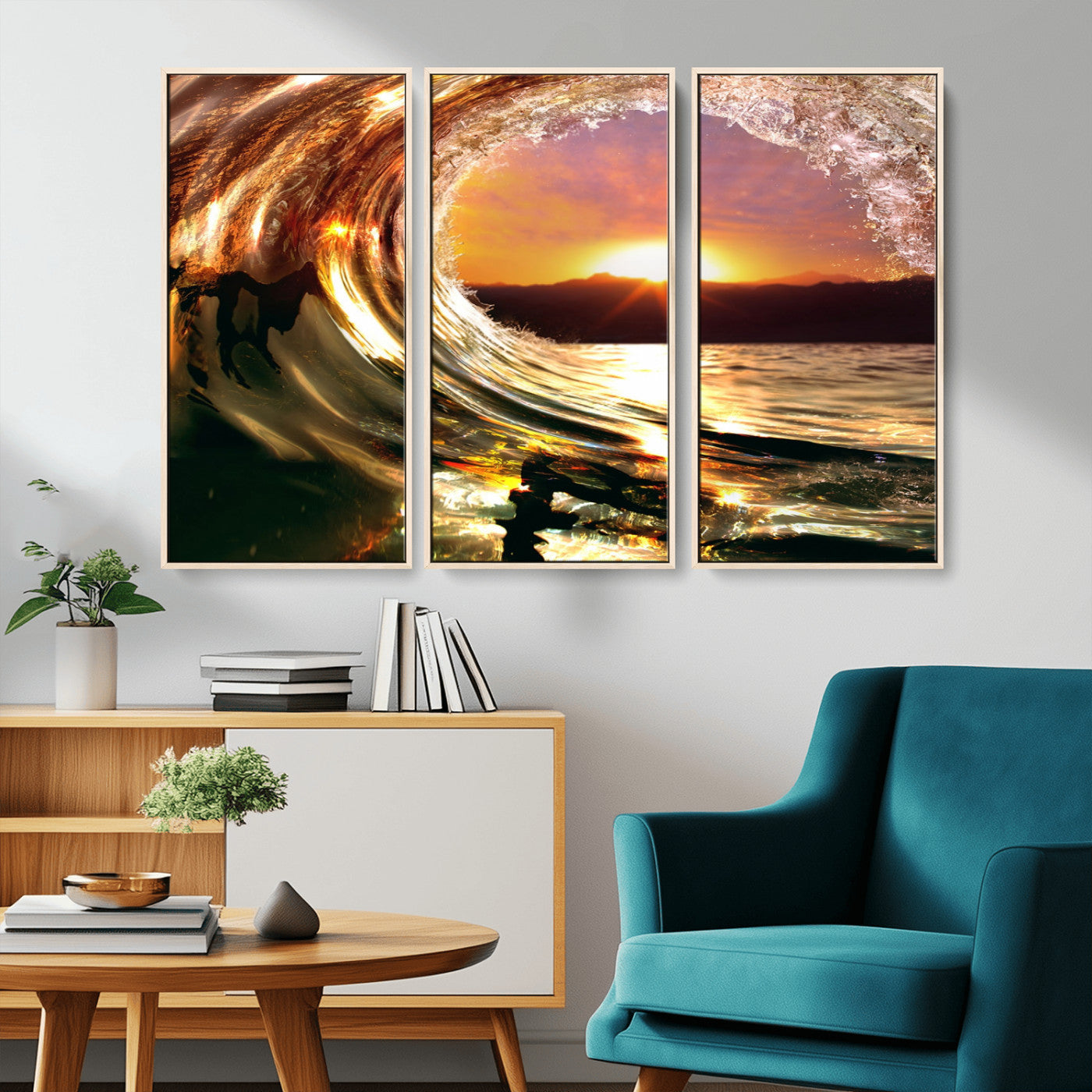 MGV-FC-48X32-3P - Golden Wave Sunset Triptych Canvas Art, Giclee Canvas Print of Ocean Wave and Sunset, Framed Ocean