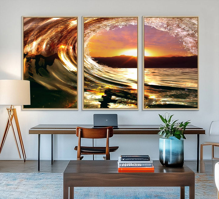 The Golden Wave Sunset Triptych Canvas Art showcases an ocean wave at sunset, casting warm light.