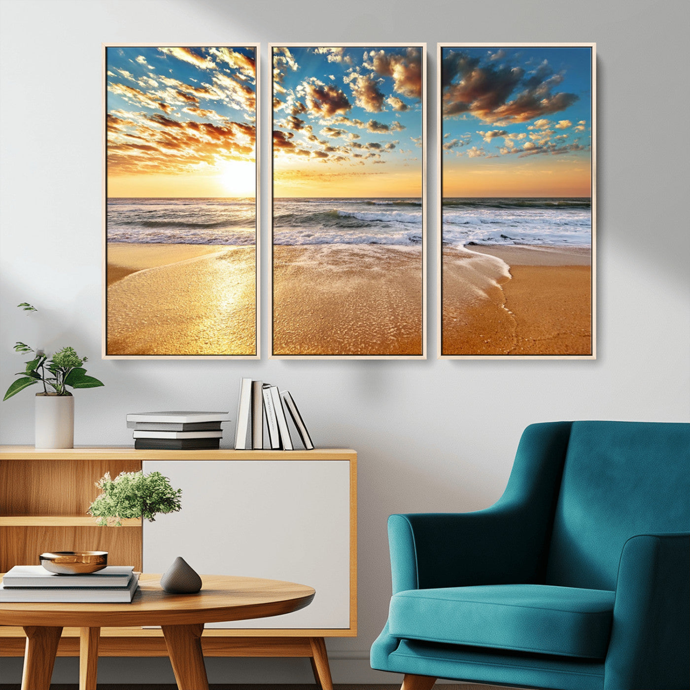 MGV-FC-48X32-3P - Golden Sunset Beach Print Canvas Wall Art, Giclee Canvas Print with Canon Print Quality, Triptych