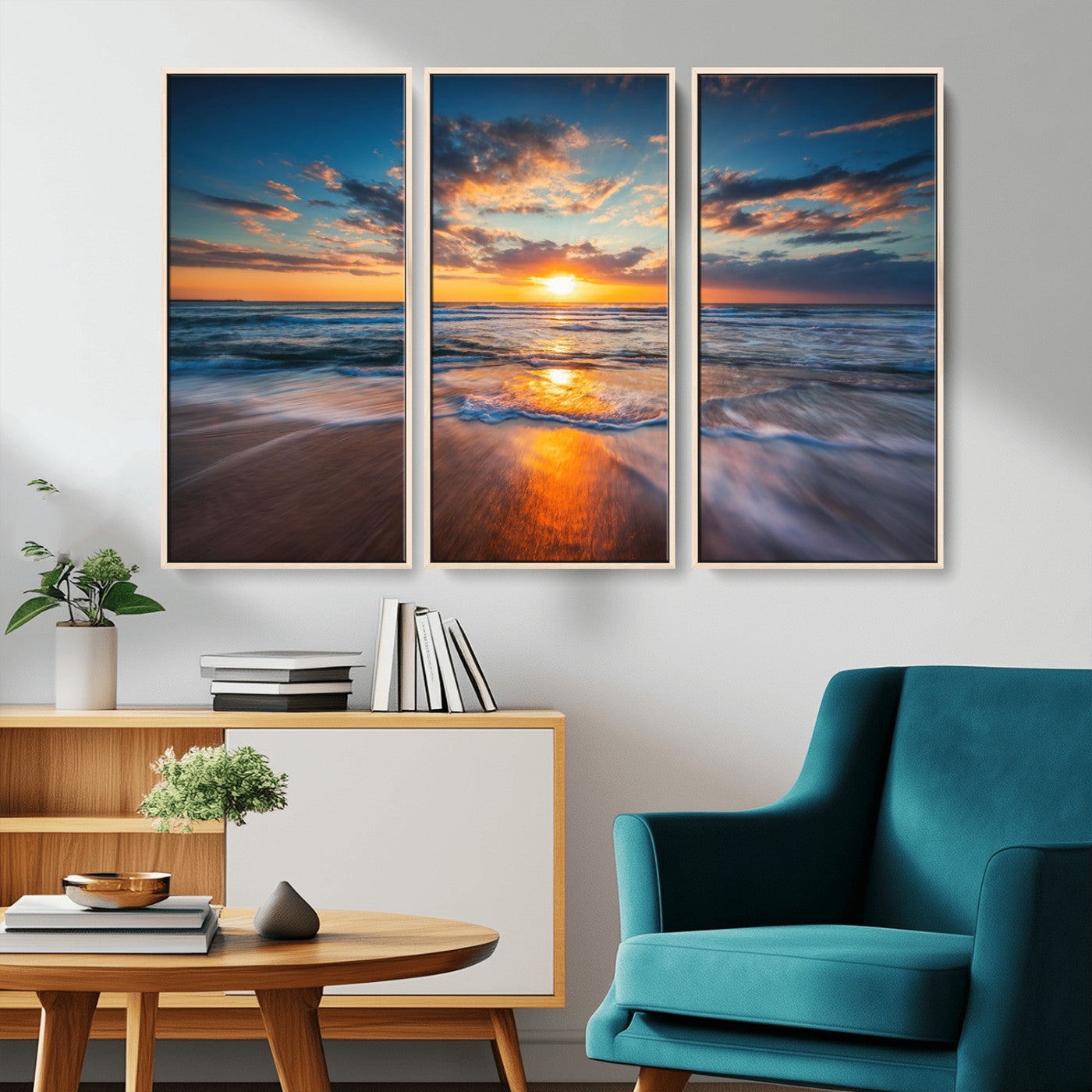 MGV-FC-48X32-3P - Sunset on the Ocean Beach with Waves, Reflections on Sand, Coastal Wall Art Print, Beach Wall Art,