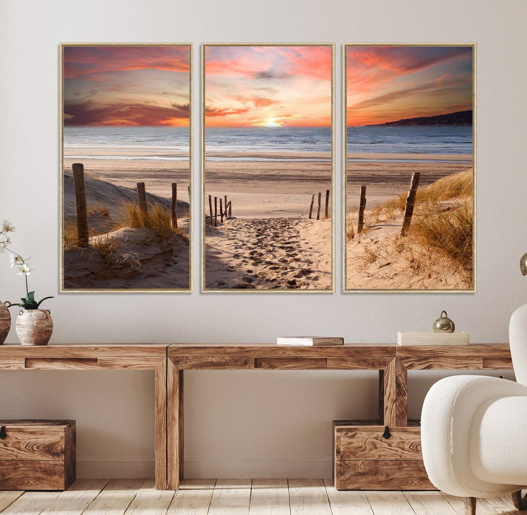 The Sunset on the Sea Wall Art Canvas Print beautifully captures a beach sunset and waves, enhanced with a UV-protective coating.