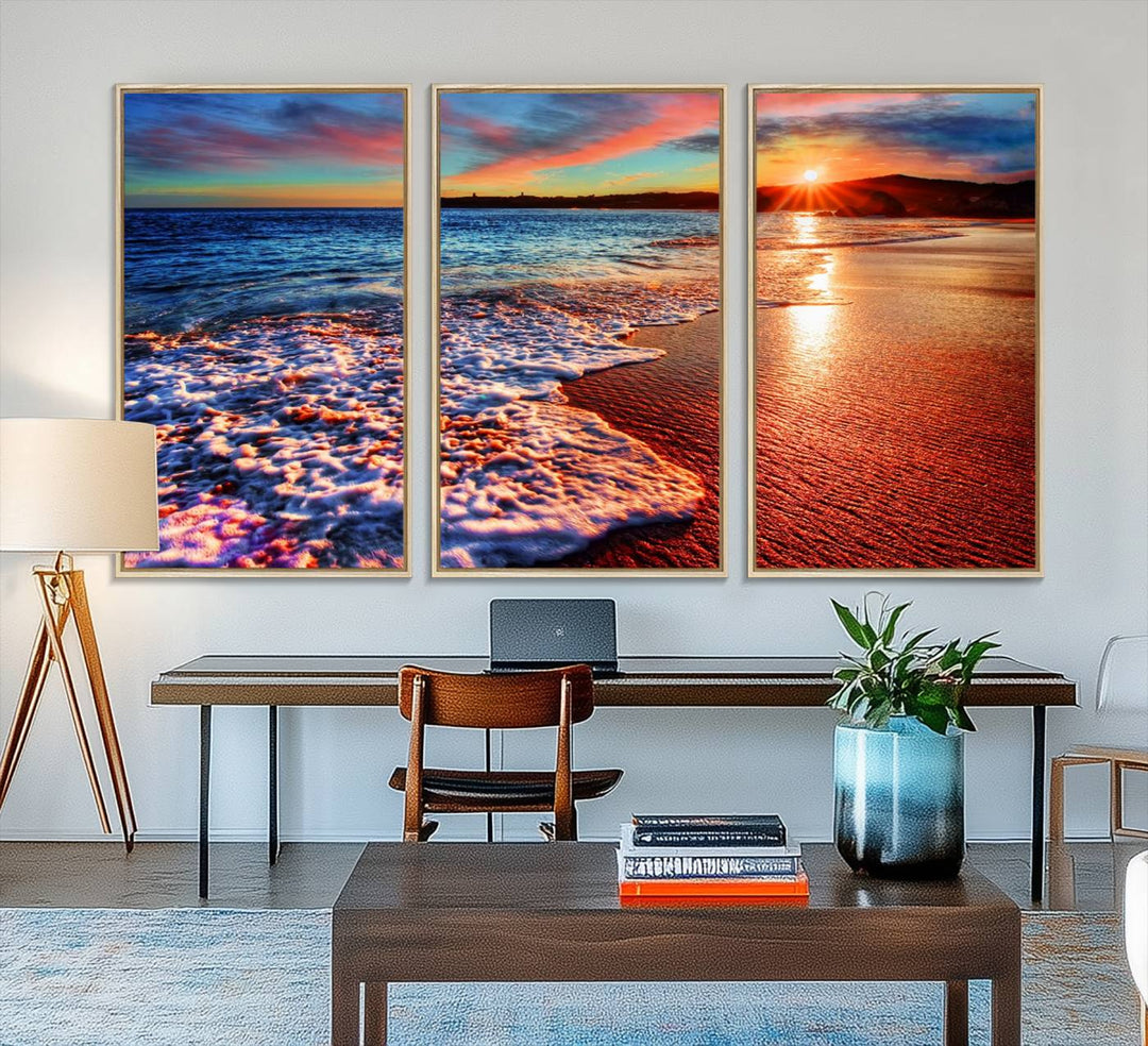 The Colorful Coastal Sunset on the Beach canvas print portrays ocean waves at dusk.