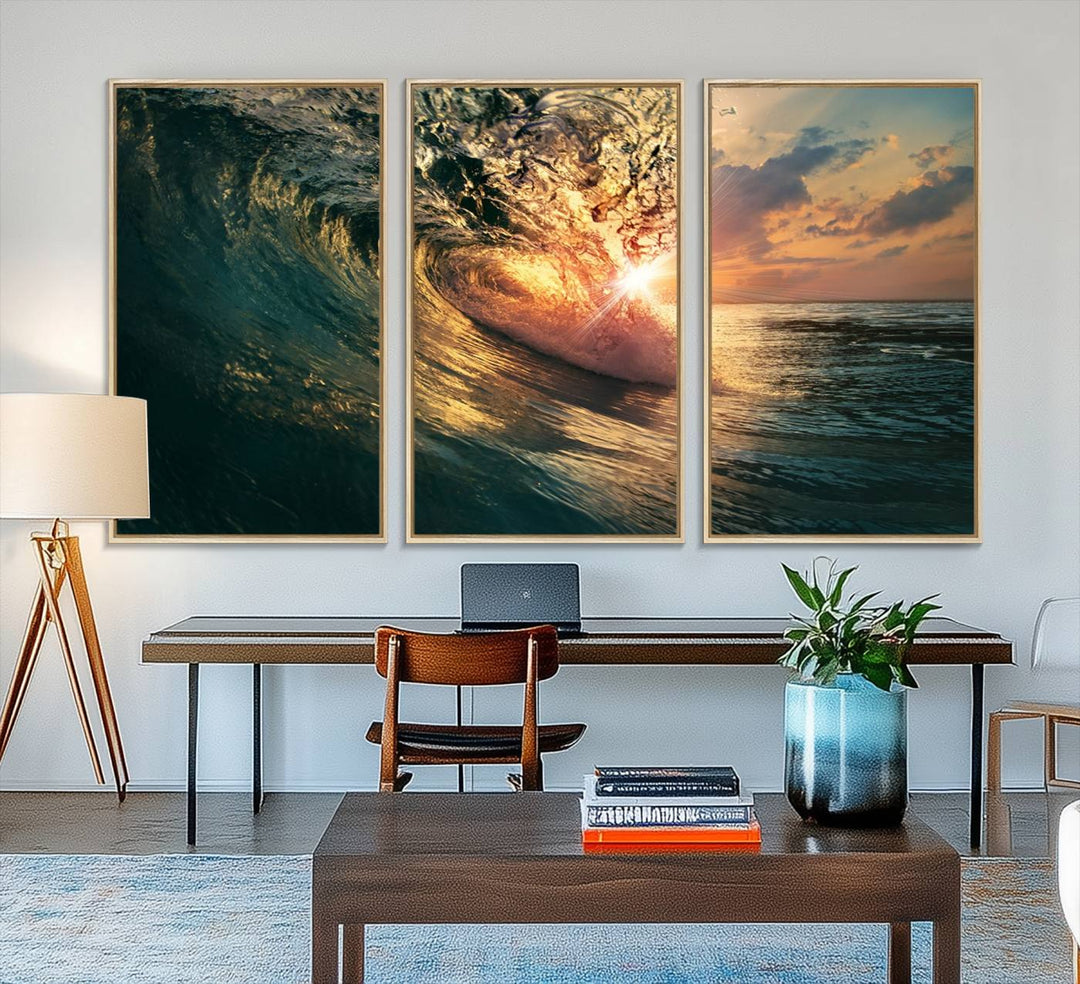 A triptych seascape titled Ocean Wave Sunset Canvas, featuring a stunning ocean view at sunset, is beautifully framed and ready to hang.