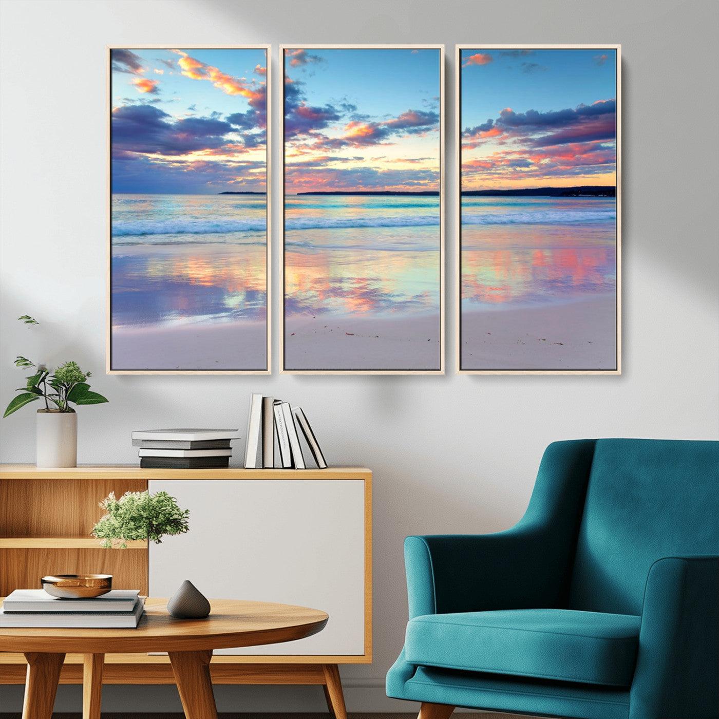 MGV-FC-48X32-3P - Tranquil Pastel Sunset Beach Triptych Canvas Art, Soothing Coastal Ocean Shoreline Giclee Print, Beach Reflections Wall Decor for Serene Spaces