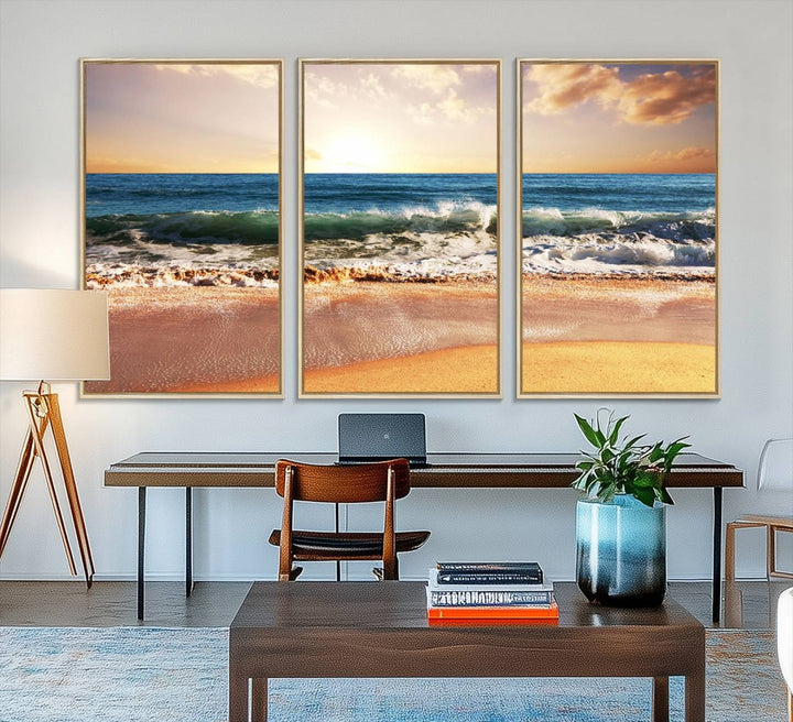 The wall features a Canon-quality Serene Beach Path canvas giclee print, depicting coastal dunes.