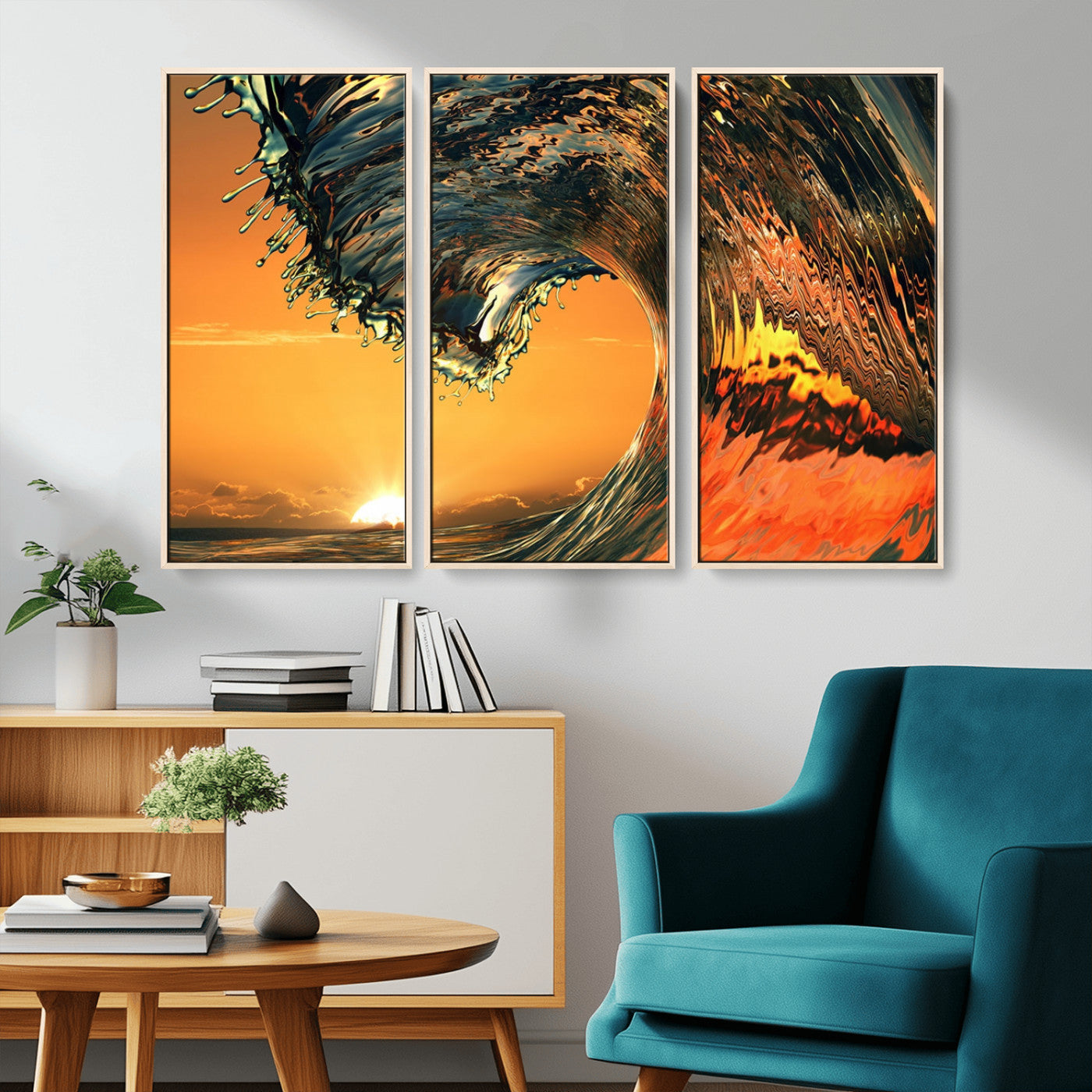 -Surf Wave Sunset Canvas Wall Art Print, 3-Panel Ocean Coastal Wall Art Print, Ocean Decor for