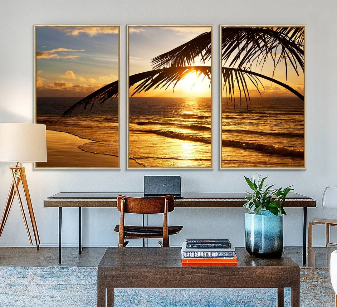 Golden Tropical Beach Sunset Canvas Triptych: Coastal Palm Art & Giclee Print with Gallery Wrap, capturing golden waves.