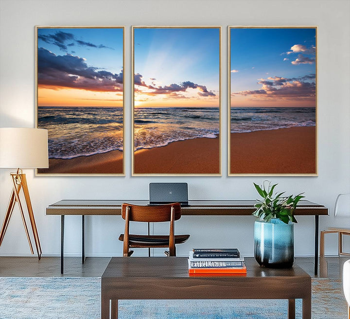 The living room showcases a Serene Ocean Sunset Canvas Print.