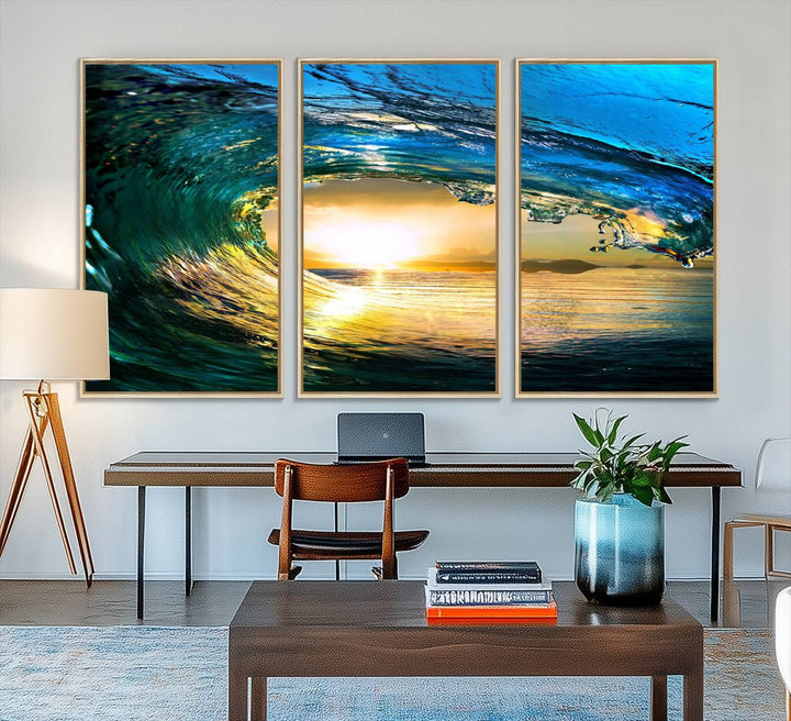 The Ocean Wave at Sunset Canvas Art exudes a coastal vibe.