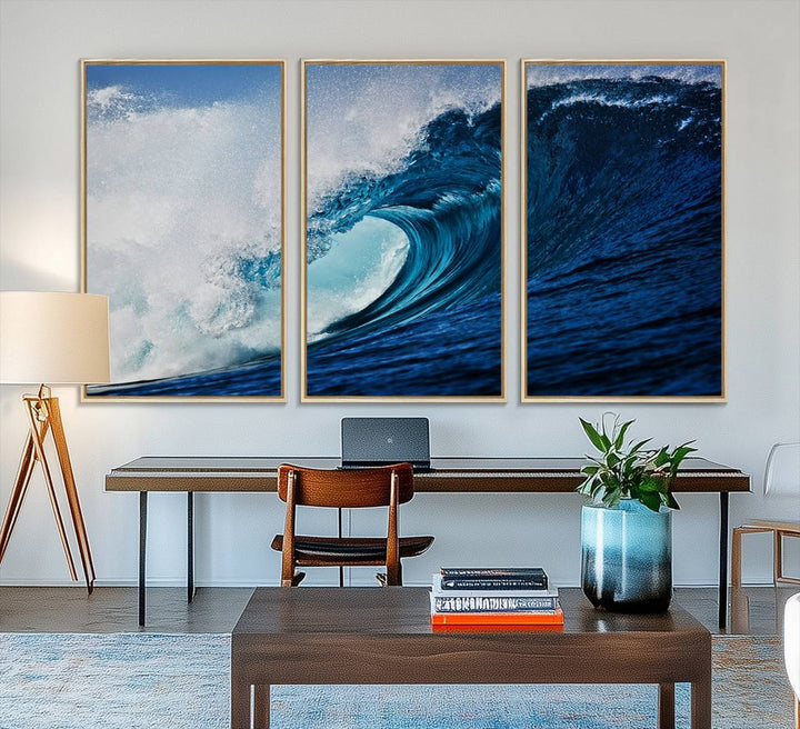 Ocean Wave at Sunset Canvas: A vibrant coastal art piece perfect for modern minimalist decor.