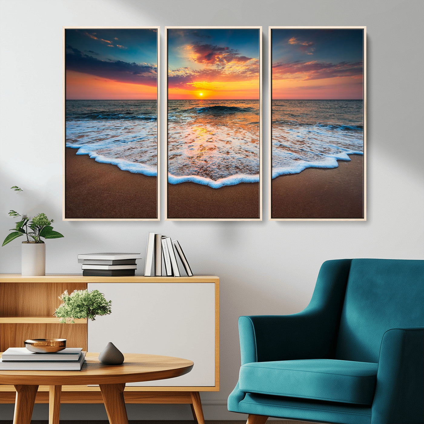 MGV-FC-48X32-3P - Sunset Beach Canvas Wall Art – Colorful Ocean Waves Triptych – Coastal Decor for Living Room or Bedroom – Framed and Ready to Hang