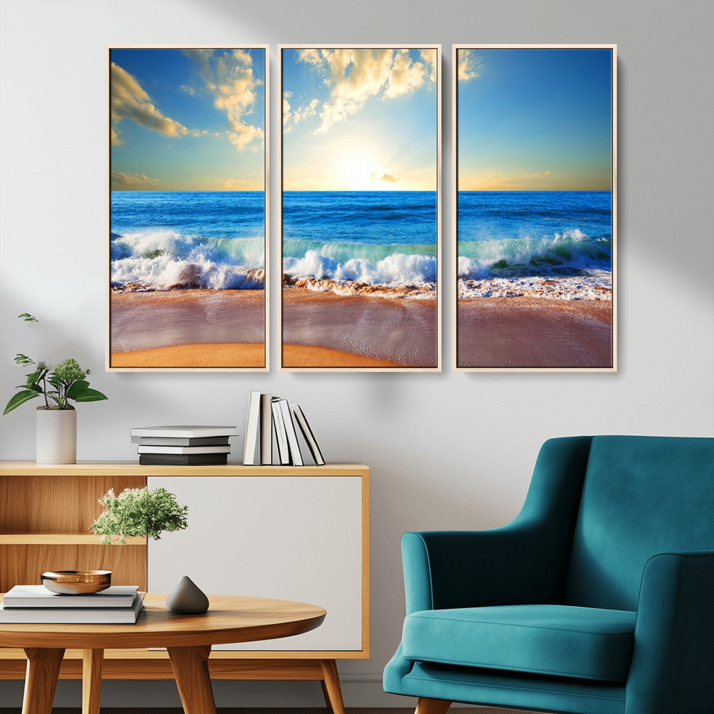 MGV-FC-48X32-3P - Tropical Beach Sunset Canvas Art, Ocean Waves and Sandy Shoreline Wall Art, Large Beach Decor for Coastal Homes