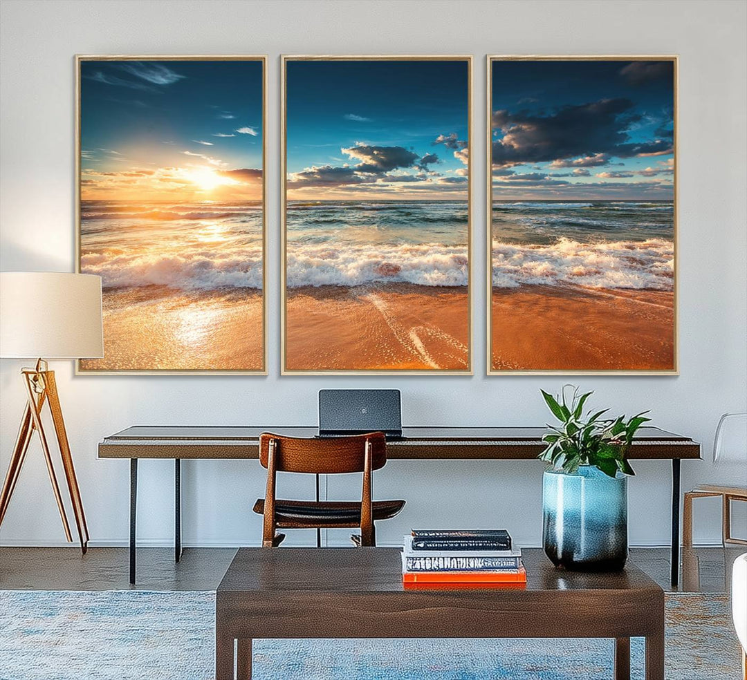 A Golden Sunset Beach Triptych Canvas Art hangs on a white wall.