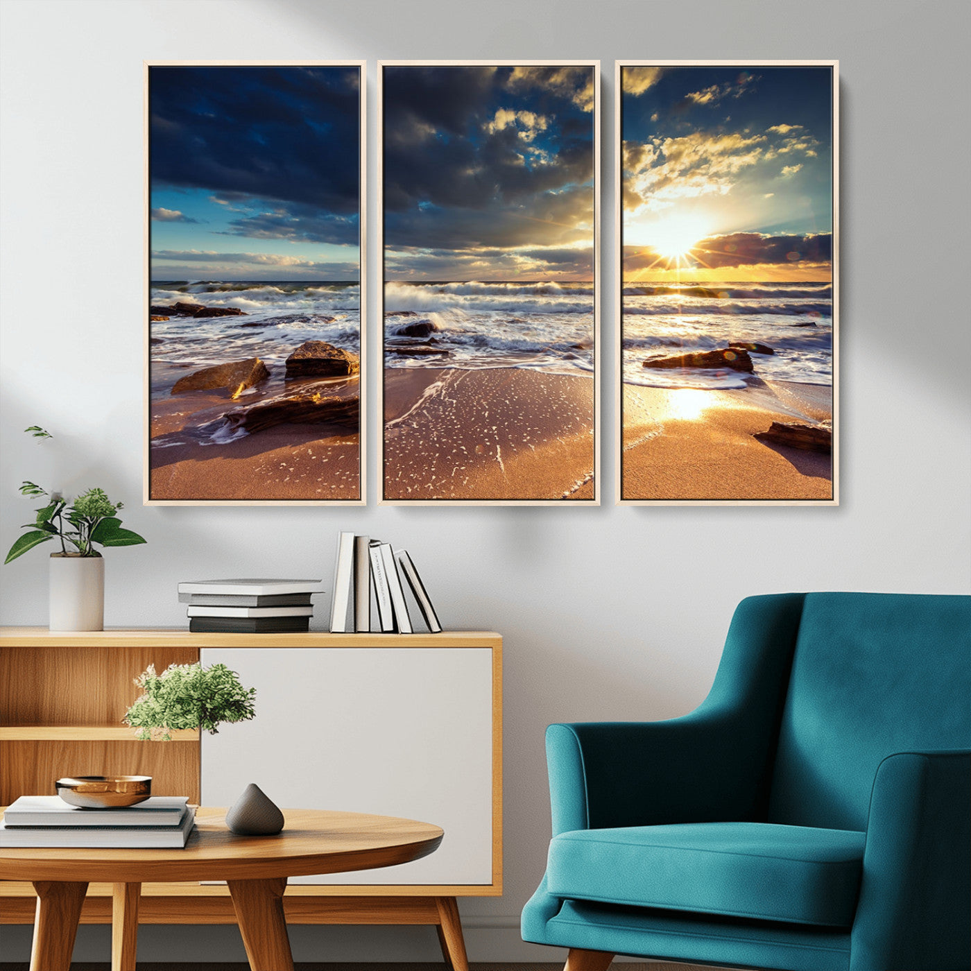 MGV-FC-48X32-3P - Golden Hour Beach Sunset Canvas Triptych, Ocean Waves and Rocks Wall Art for Coastal Home Decor