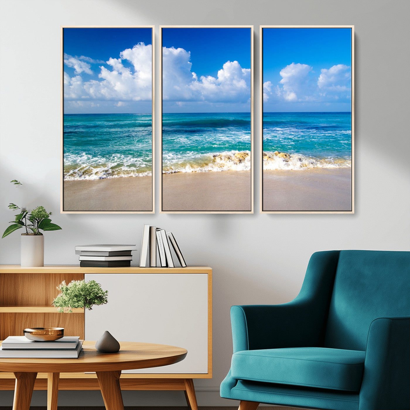 MGV-FC-48X32-3P - Tropical Beach 3-Panel Canvas Wall Art – Serene Ocean Waves and Blue Sky – Giclée Print for Living Room, Office, or Bedroom Coastal Decor