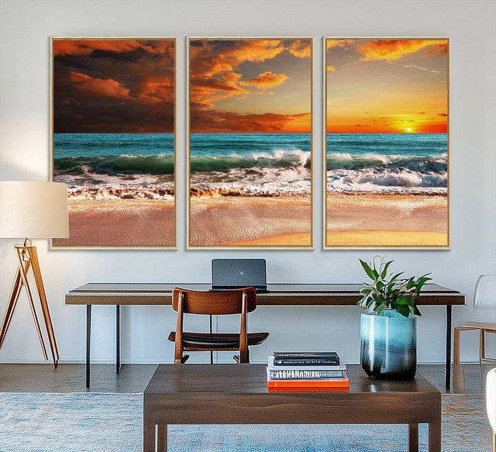 A Golden Sunset Beach triptych seascape canvas hangs on the wall.