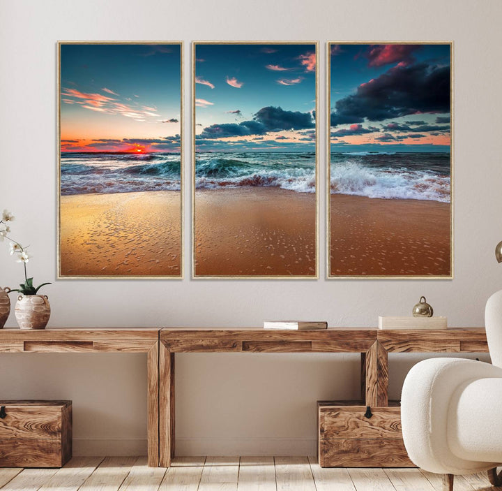 Sunset on Beach Wall Art: Waves under a vibrant sky. Crafted on museum-quality canvas, ready to hang and admire.