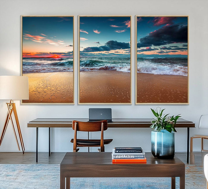 A large 3-panel sunset ocean beach canvas is displayed above the counter.