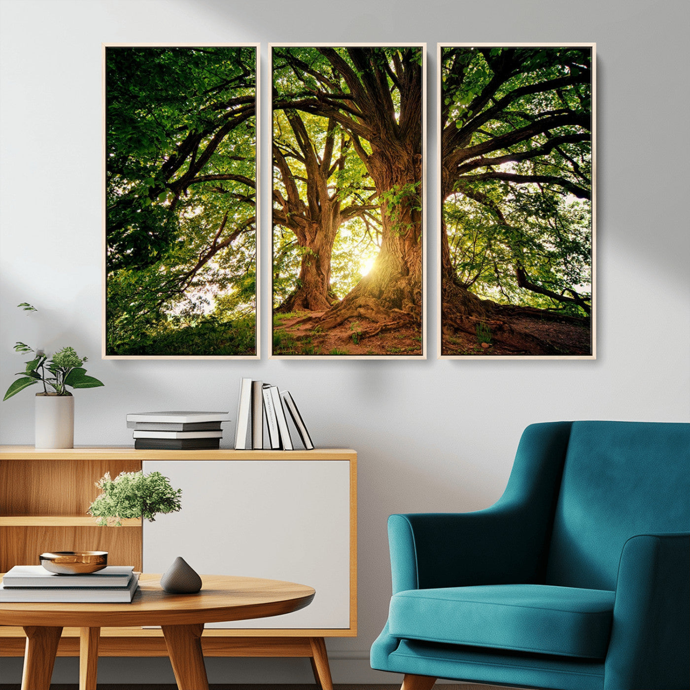 MGV-FC-48X32-3P - Majestic Ancient Tree Wall Art, Nature-Inspired Canvas Print, Woodland Art, Tree of Life Artwork, Sunlit Forest, Giclee Nature Print