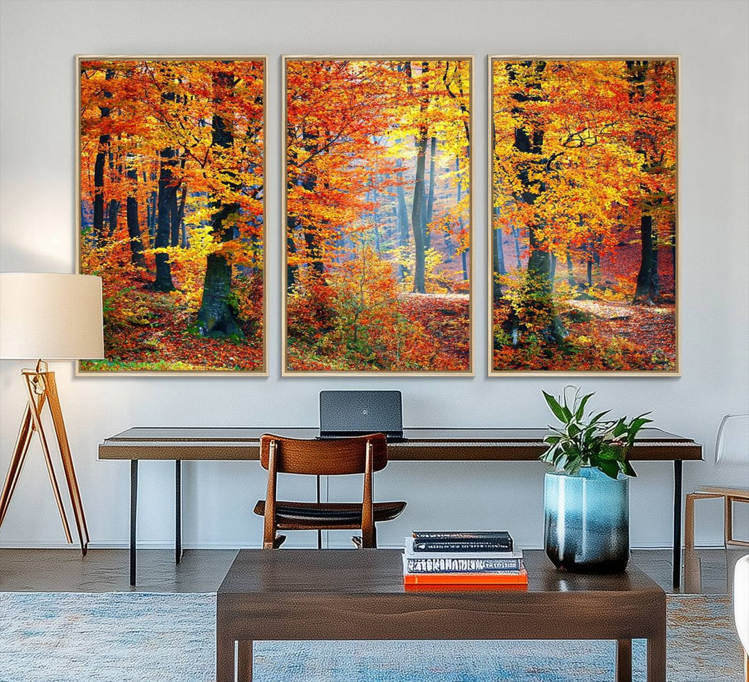 The room features an Autumn Red Forest Triptych Canvas Wall Art.