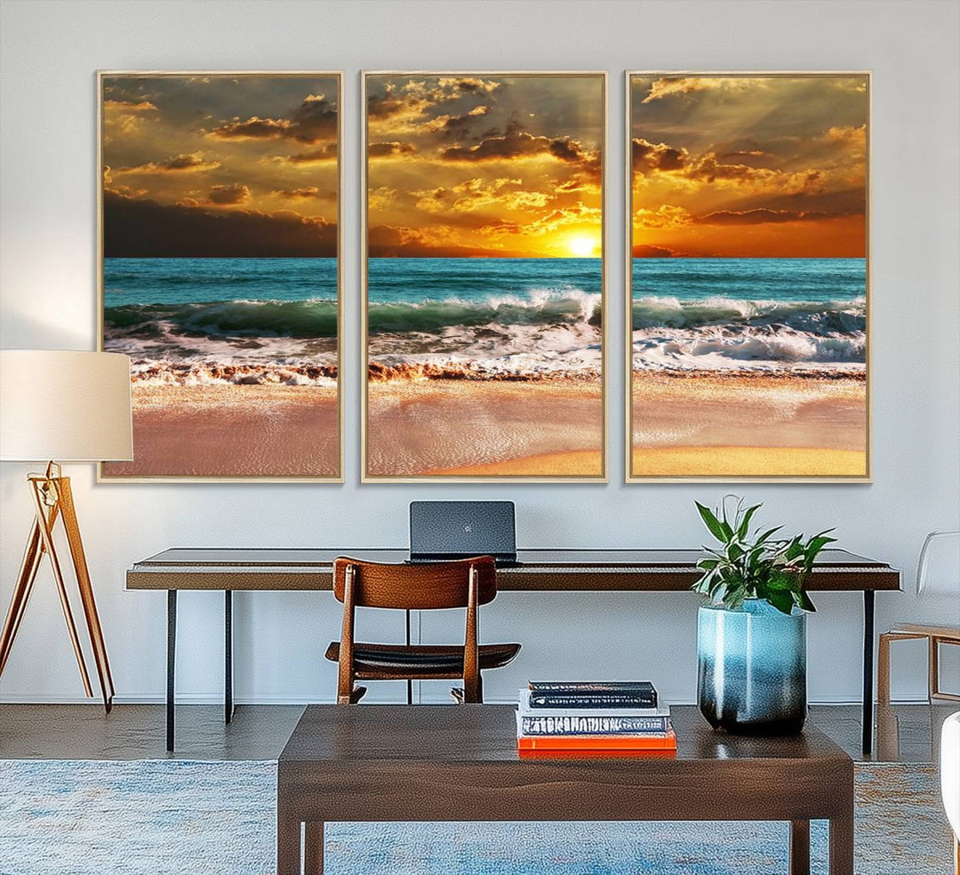 Golden Sunset Beach Canvas Triptych adorns the cozy room, creating a stunning focal point.