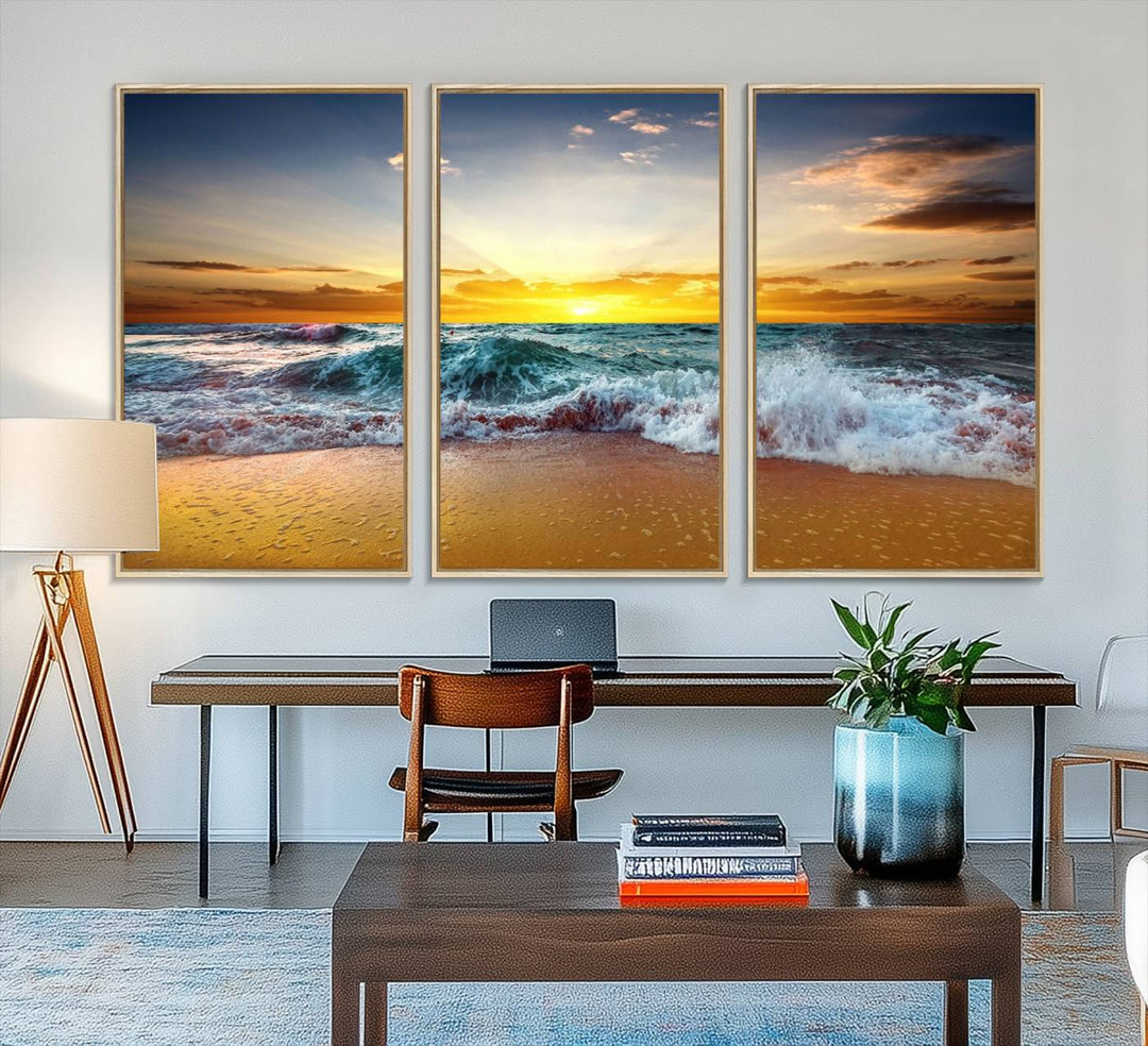 The kitchen features the Golden Sunset Ocean Waves multi-panel coastal wall art canvas.