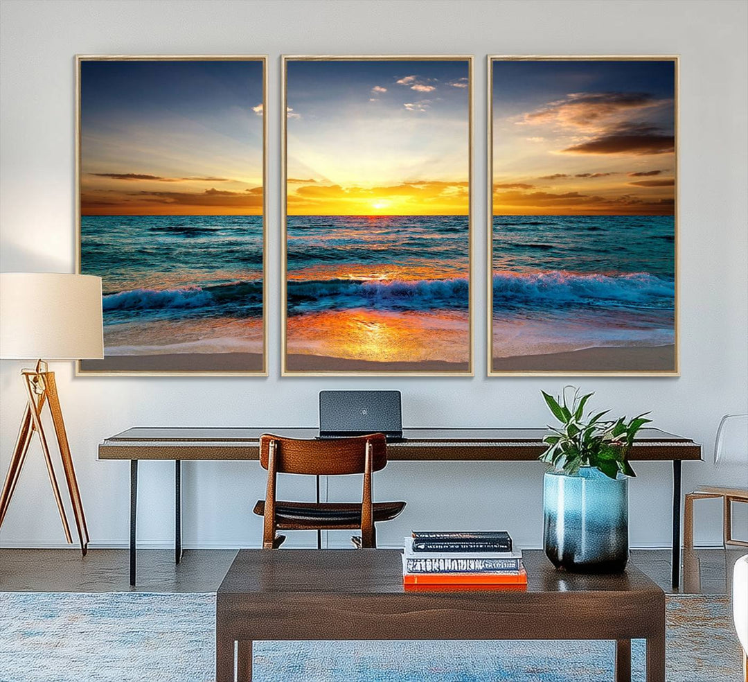 A kitchen dining area with coastal wall art.