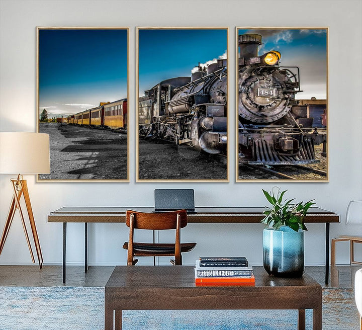 The Train Wall Art Canvas Print features a vintage steam train with a bright headlight.