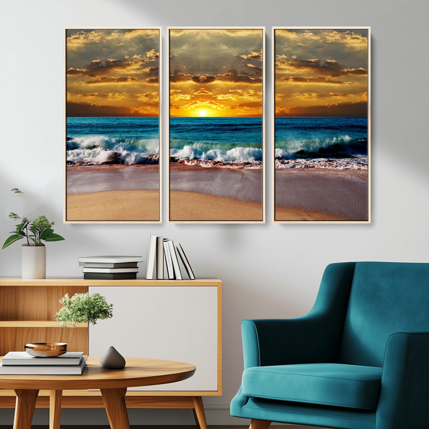 MGV-FC-48X32-3P - Ocean Sunrise Over Golden Beach Waves, Giclee Canvas Wall Art Set, High-Quality Stretched Canvas Print, Ready to Hang Coastal Sunset Wall Decor
