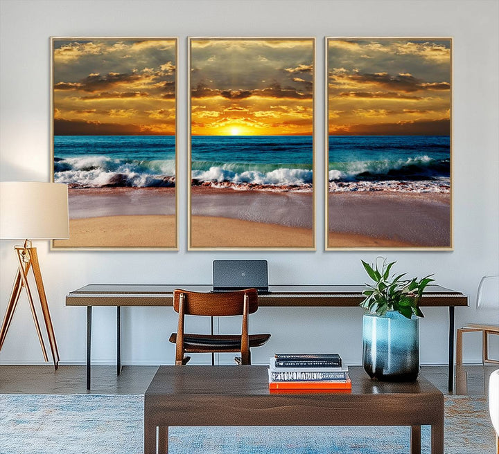 The Ocean Sunrise Over Golden Beach Waves wall art is prominently displayed, capturing the serene beauty of a beach at sunrise.